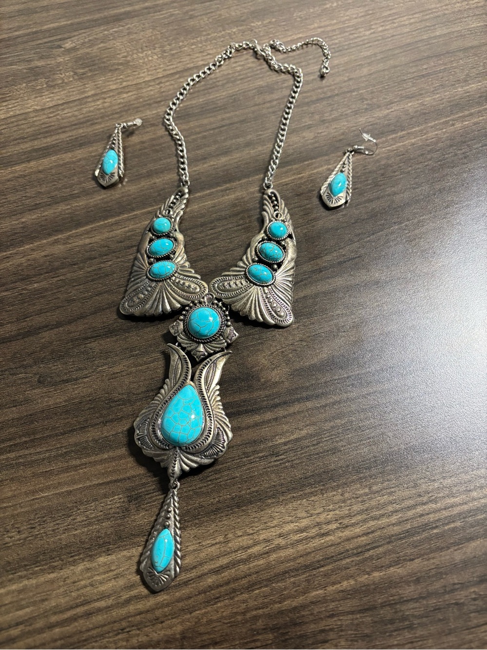 Turquoise Stone Silver-Tone Statement Necklace and Earring Set